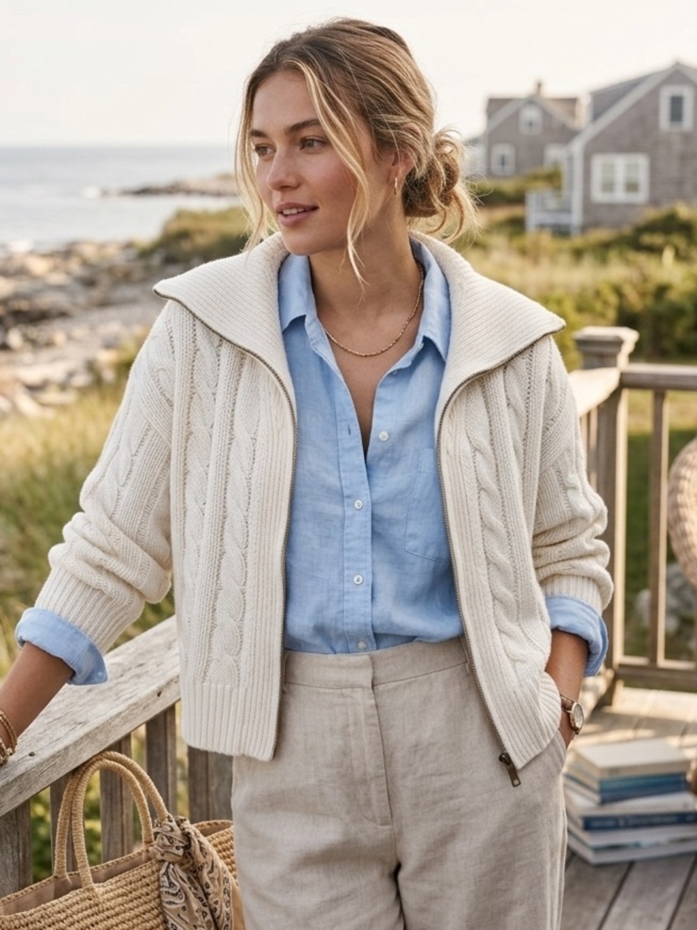 Abercrombie & Fitch Merino Wool-Blend Cable Knit Zip Cardigan - Ivory - Large